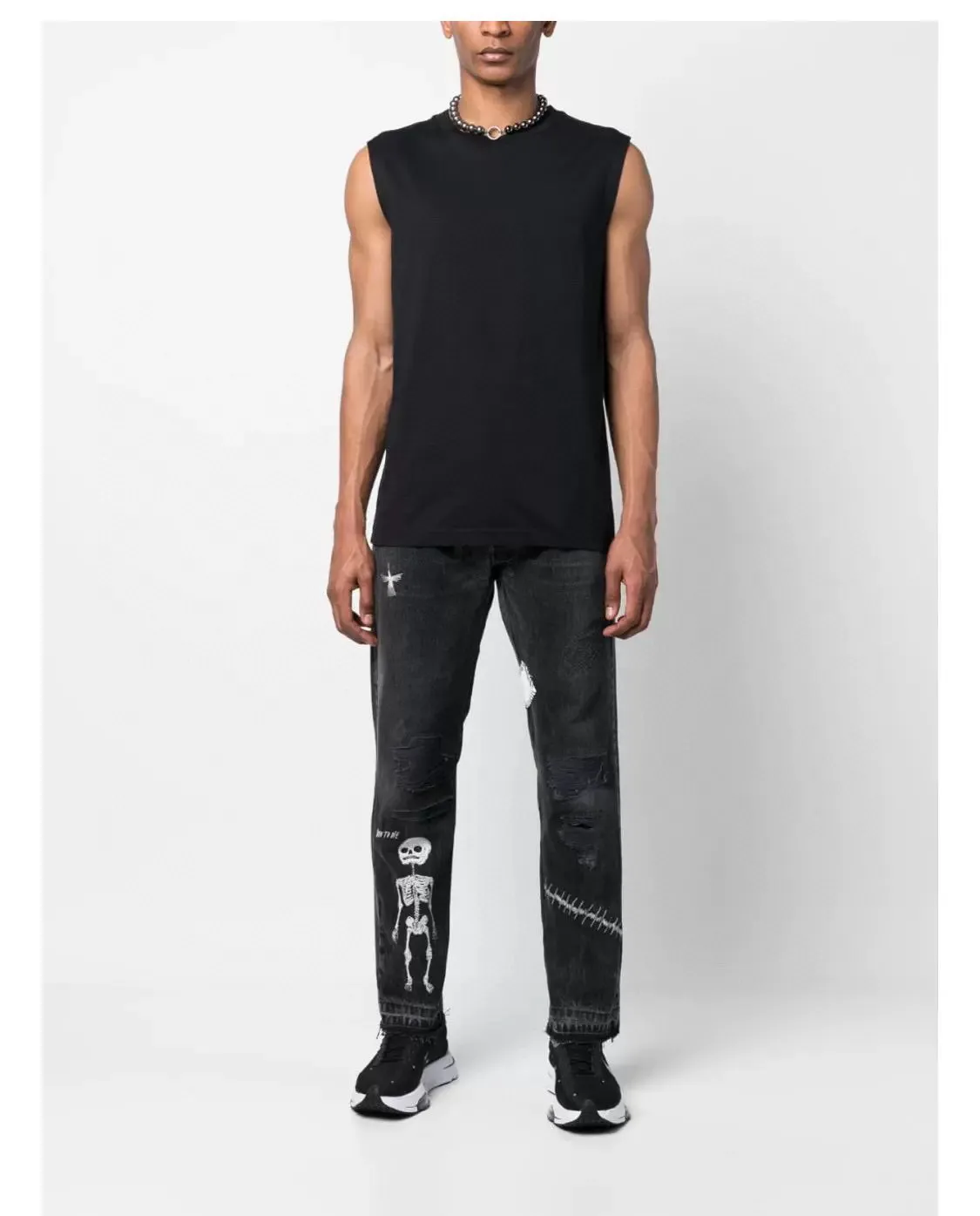 -Size upper body P246#G22 GALLERY DEPT. Skull hand-stitched distressed distressed jeans -Color: Black -Size: S-XXL
